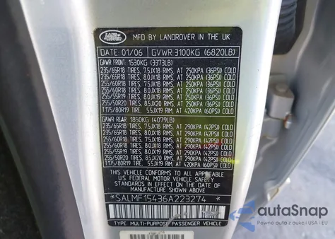 2006 Land Rover Range Rover Hse z USA, uszkodzony, nr VIN SALMF15436A223274